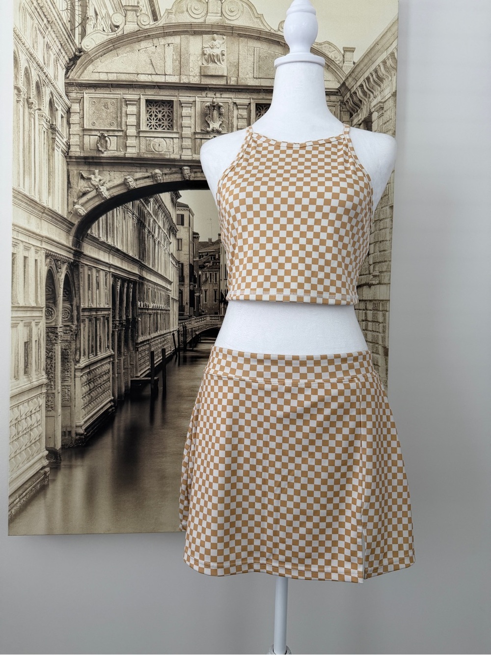 Like New Checkerboard Halter Crop Top & Skirt Set - Beige - Picture 3 of 16